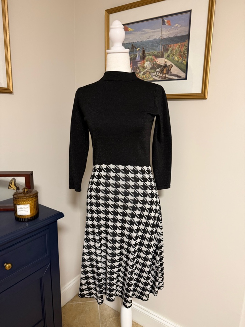 Nanette Lepore Black & White Houndstooth A-Line Midi dress